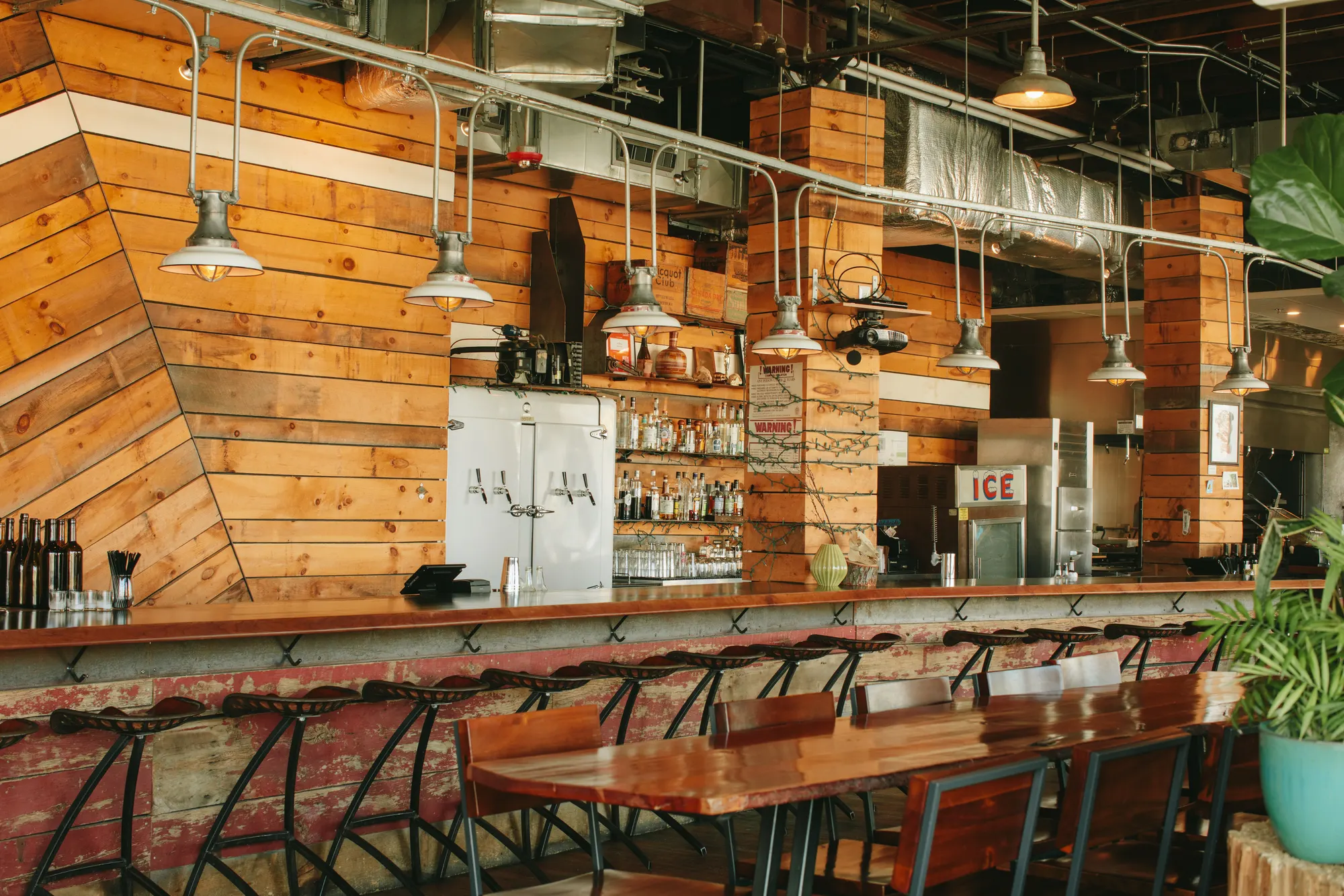 Bottles on a single shelf, lit by pendants hung off the structure.