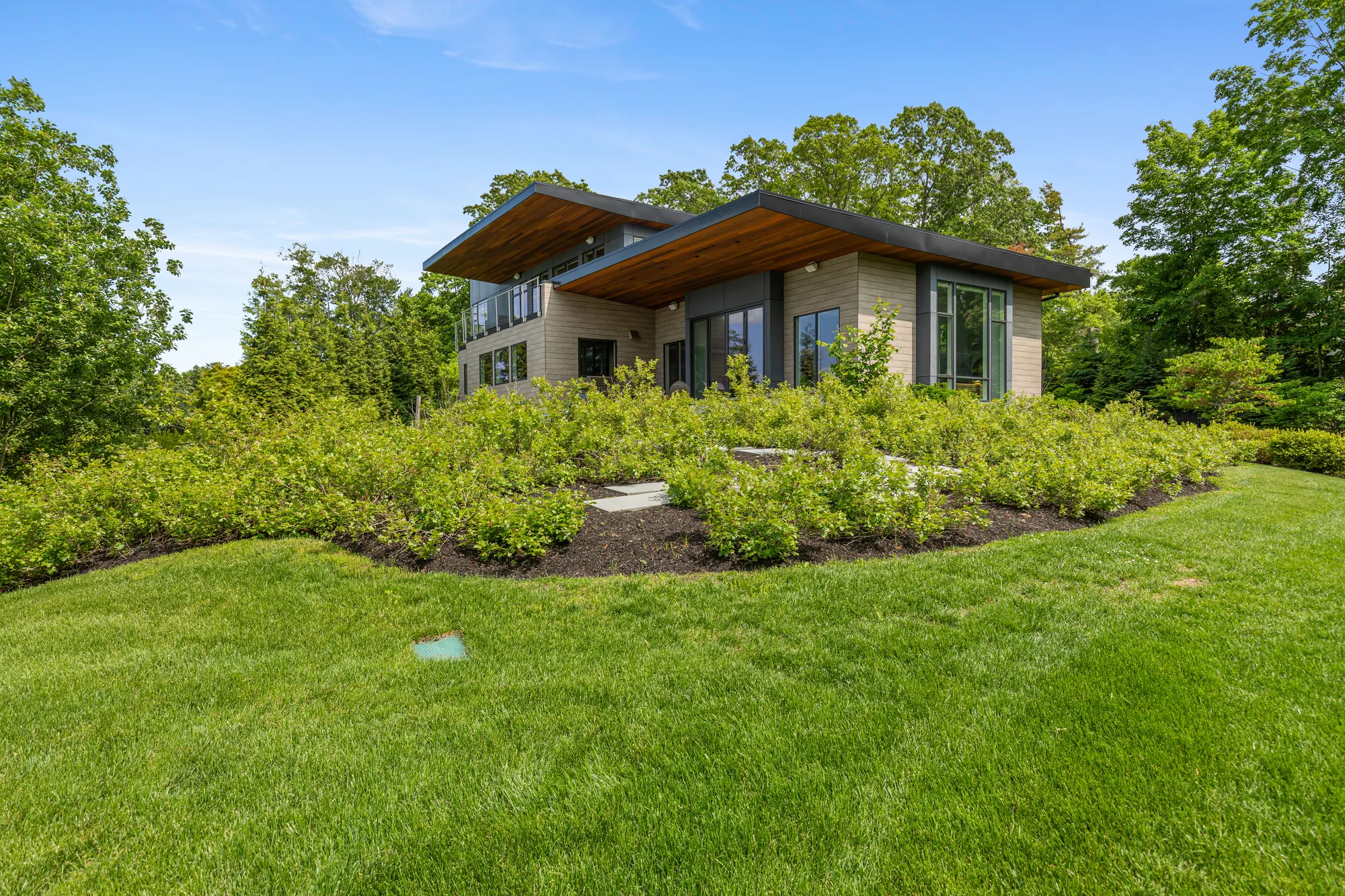 The house seen across a raised bed of low shrubs on the lawn.